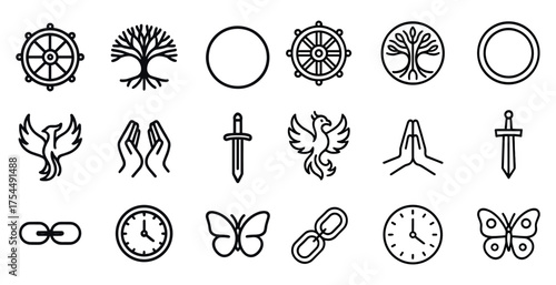 Spiritual and nature outline icons set – linear, silhouette, meditation and peace symbols