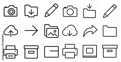 Document and office outline icons set – linear, files, digital tools collection
