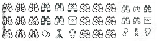 Binoculars and optics line icons set – outline, exploration, adventure symbols.