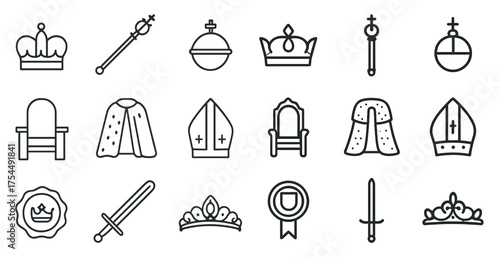 Royalty and nobility line icons set – outline, monarchy, regal symbols