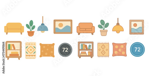 Home decor flat icons set – cozy, furniture, interior design symbols