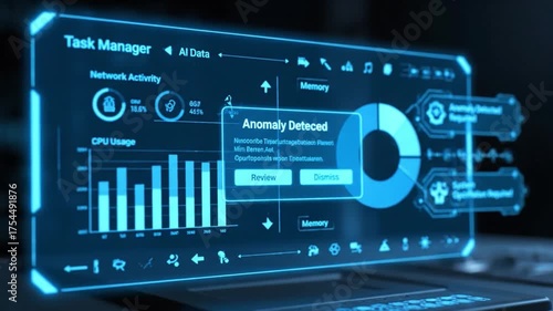 Advanced digital interface showcases real time data analytics, highlighting network activity, CPU usage, and memory statistics while emphasizing anomaly detection for enhanced system performance