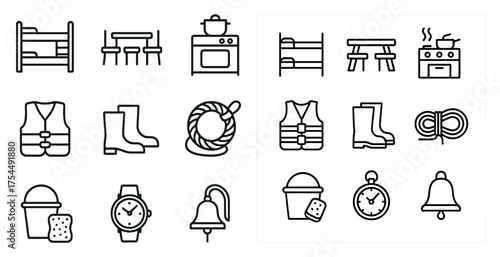 Camping outline icons set – line, linear, outdoor adventure, equipment symbols