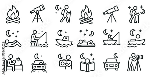 Outdoor adventure icons set in outline – camping, hiking, travel symbols