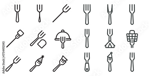 Dining utensils outline icons set – flat, kitchen, cooking tools, accessories