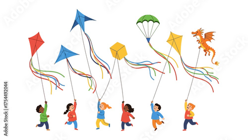Colorful Kite Festival: A vibrant illustration captures the joyful essence of childhood as diverse children frolic and fly a medley of brilliantly colored kites against a bright sky.