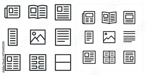 News and media outline icons set – flat, linear, journalism and publishing symbols