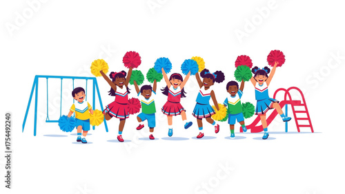 Cheerleaders' Playtime: A delightful illustration captures a group of young cheerleaders filled with energy and joy, dancing playfully around the playground. 