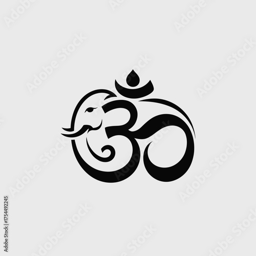 Minimalist black line art illustration of om symbol merged with ganesha head for spiritual and religious vector graphics silhouette vector illustration white background