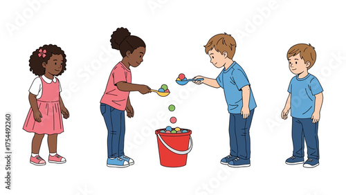 Diverse Child Interaction: A vibrant illustration showcasing a group of children engaged in a collaborative activity, illustrating concepts of sharing and play.