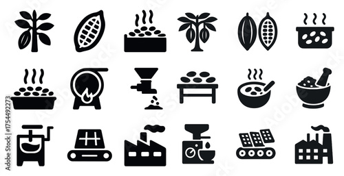 Cocoa production solid icons set – filled, outline, chocolate and farming symbols