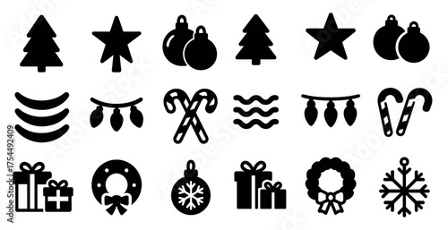 Christmas and holiday solid icons set – filled, festive winter decoration symbols