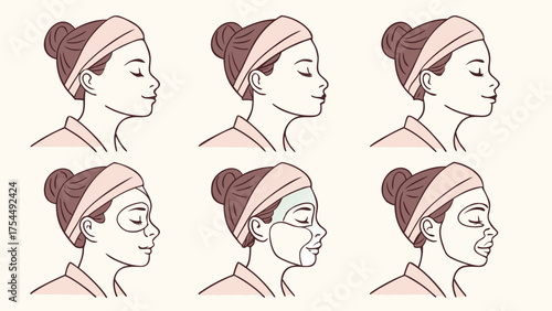 A six-panel, flat-style illustration showing a woman's profile during a facial mask routine.