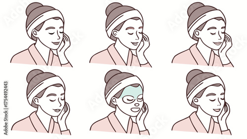 Six panel illustration of a skincare routine: gentle face touch, relaxation, facial mask application, and refreshed skin each step shown with closed eyes and sparkles to emphasize calm and cleanliness