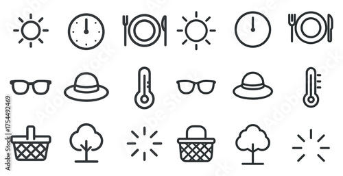 Picnic and outdoor activities outline icons set – flat, linear, summer fun symbols
