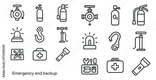 Emergency and backup line icons set – outline, linear, safety and rescue symbols