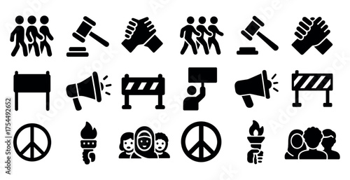 Protest and justice solid icons set – filled, silhouette, advocacy and peace symbols
