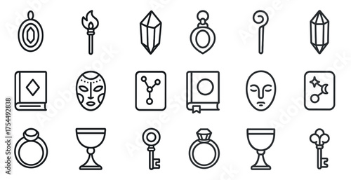 Mystical and ritual outline icons set – line, sacred, spiritual symbols collection