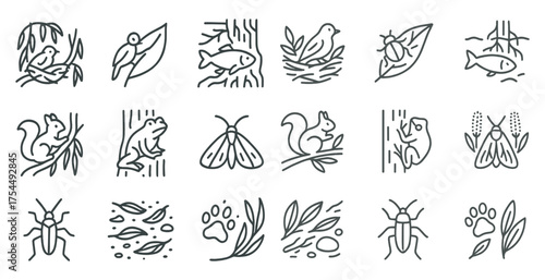 Nature and wildlife outline icons set – line, animal, environmental symbols