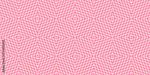 Abstract vector checkered pattern. Funky texture with optical illusion effect, squares, rectangles, chequered surface. Vintage y2k background. Op art. Hot pink repeated design for decor, print, wrap
