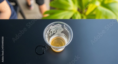 Close-up of a nearly empty beer glass with a spill ring on a dark table, highlighting condensation and remnants of a beverage