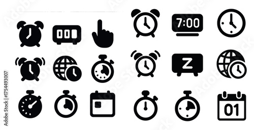 Alarm clocks solid icons set – flat, filled, time management and reminder tools