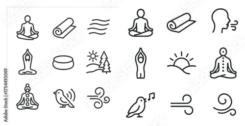 Yoga and meditation outline icons set – wellness, relaxation, holistic symbols