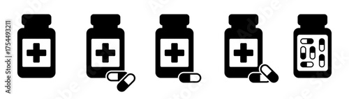 Medicine Bottle and Pills Icon Set – Pharmacy, Healthcare, and Medication Vector Illustration