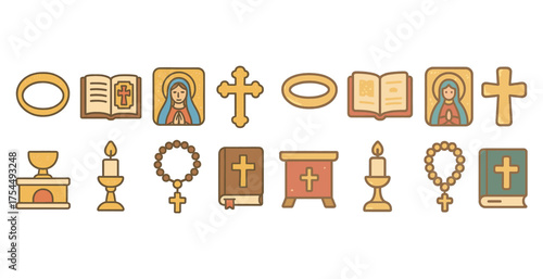 Religious and church icons set – flat, filled, faith and worship symbols
