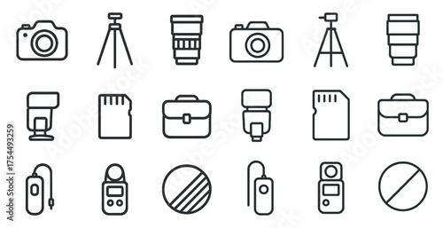 Photography gear line icons set – outline, linear, camera and equipment symbols