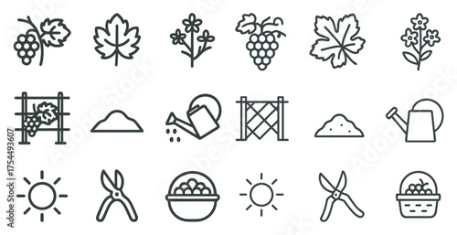 Gardening and vineyard outline icons set – linear, garden, vineyard symbols