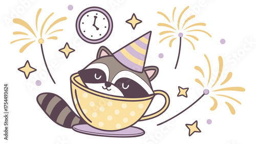 A Peaceful Raccoon with in a teacup in a New Year's Eve/Day theme – New Beginnings palette SVG illustration