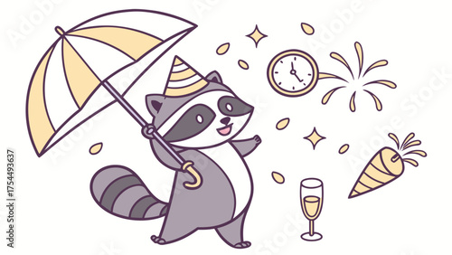 New Beginnings colored Raccoon with a Joyful touch, placed in a New Year's Eve/Day theme and styled with under an umbrella