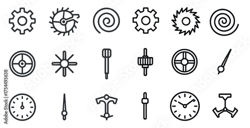 Mechanical gear icons set – outline, line, engineering and machinery symbols