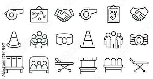 Sports and teamwork icons set – outline, line, athletic and group symbols