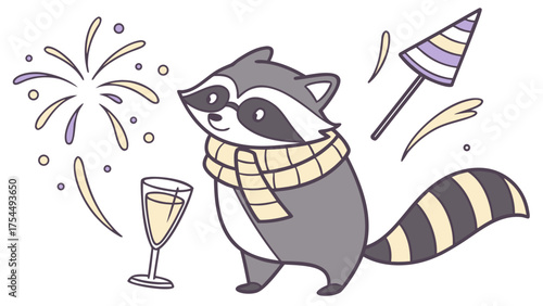 Vector illustration of a Curious Raccoon with with a scarf, styled in a New Year's Eve/Day theme using New Beginnings colors