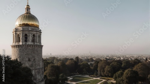 Golden Dome of Sather Tower at UC Berkeley with Cityscape.