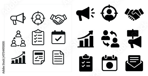 Management and communication icons set – solid, filled, business and collaboration tools