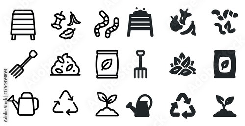 Composting and recycling icons set – filled, solid, eco-friendly symbols