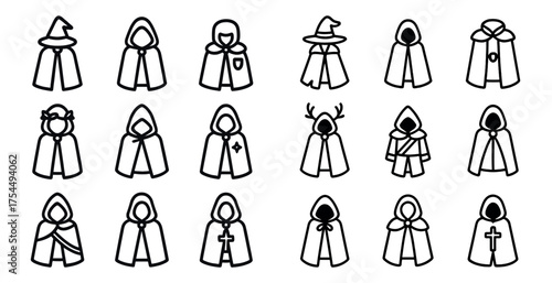 Fantasy wizard robes outline icons set – mystical, magical cloak symbols