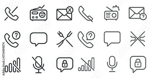 Communication and media icons set – outline, linear, messaging and broadcast symbols