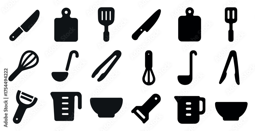 Obraz premium Kitchen tools solid icons set – filled, culinary, cooking essentials