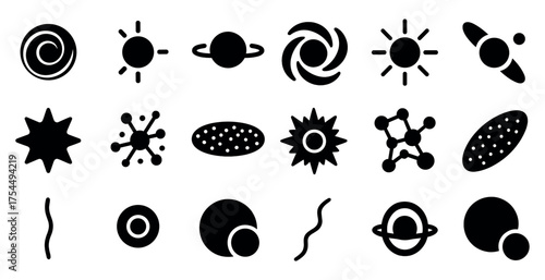 Space and astronomy silhouette icons set – solid, filled, celestial and cosmic symbols