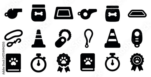 Pet care solid icons set – silhouette, filled, animal and grooming symbols