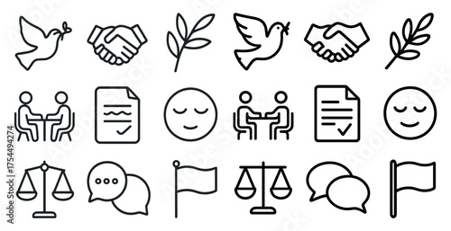 Peace and communication icons set – outline, linear, harmony and dialogue symbols