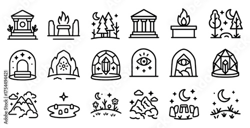 Mystical and historical outline icons set – line, linear, fantasy symbols
