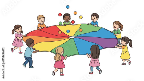 Parachute Playtime: A vibrant group of children revel in a playful game with a colorful parachute, embodying the spirit of teamwork and cheerful interaction.