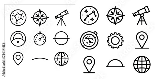 Navigation and astronomy outline icons set – linear, map, celestial symbols