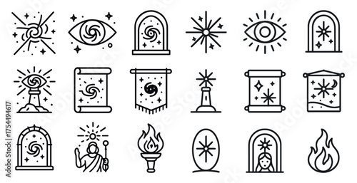 Mystical and magic outline icons set – linear, enchanted, fantasy symbols