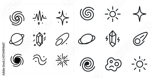 Space and astronomy outline icons set – cosmic, celestial, galactic symbols